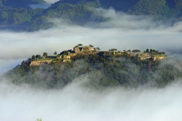 A view of Takeda Castle, known as the castle in the sky due to the surrounding fog
