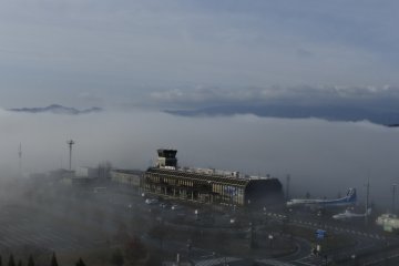 A view of Tajima Airport in the rising fog 