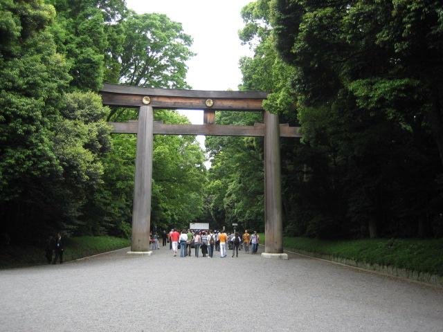 <p>The entrance to the shrine grounds is marked by a huge torii (gate).</p>