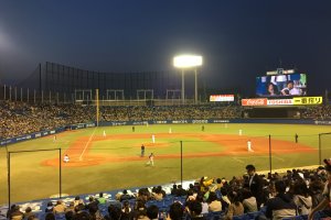 Tokyo Yakult Swallows versus the Hanshin Tigers at Meiji Jingu Stadium.