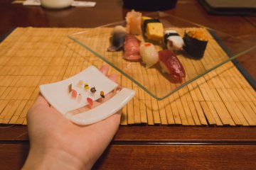 Miniature sushi platter in the palm of my hands