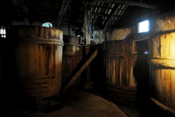 Wooden barrels to store the moromi while it ferments