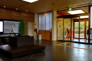 The lobby, with seasonal bonsai 