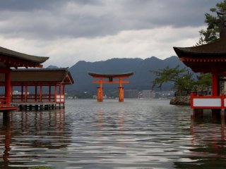 Durante a mar&eacute; alta, o torii gigante parece que flutua no mar