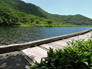 A wooden walk-way extends along one side of the lake