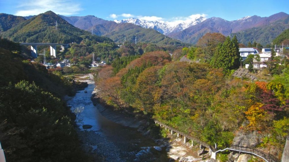 The Tonegawa River, the Suwakyo Gorge and Tanigawadake Peak from the bungee bridge