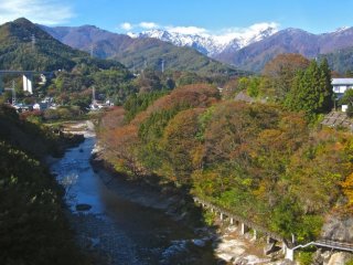 The Tonegawa River, the Suwakyo Gorge and Tanigawadake Peak from the bungee bridge