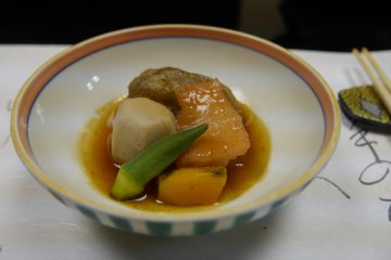 Veges simmered in thick dashi broth. 