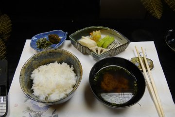 Rice, pickles, and miso soup to round out the feast.