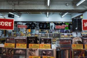 Merch, CD's, casette tapes and records fill every inch of this underground paradise
