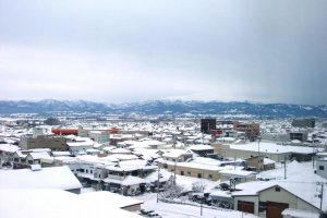 View over snowed in Tsuruoka City from an upper floor of the hotel.