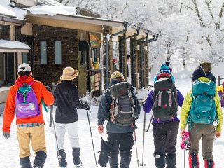 Hikers returning to the cafe and shop