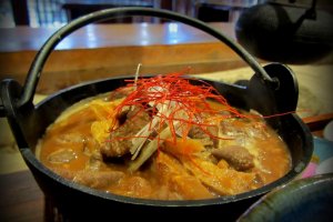 Pork entrails in a miso stew - a seasonal dish