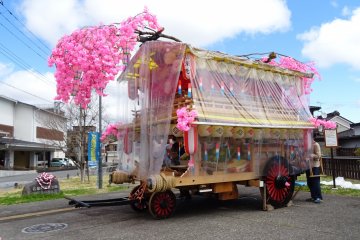  รถลากคันสวยตกแต่งประดับประดาด้วยดอกไม้สีชมพู