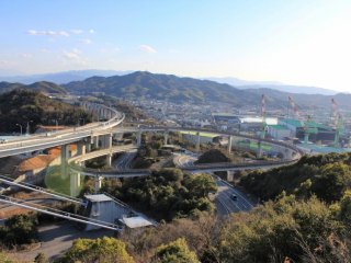 From the observation deck you can see Mt. Takanawa beyond the ramp up to the Shimanami Kaido highway