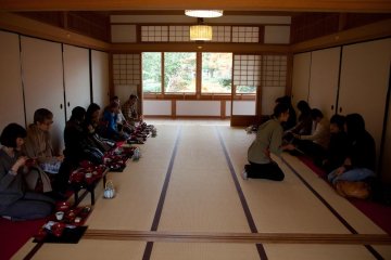 Guests can sit in big open tatami rooms or in smaller private rooms. Small chairs are also offered to Western guests who don't fancy kneeling