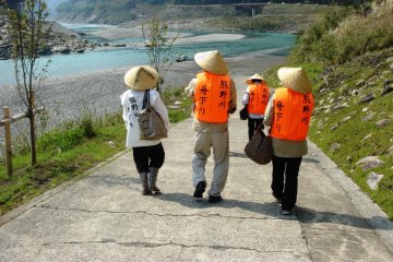 Guests walking to the pier; life jackets are a must