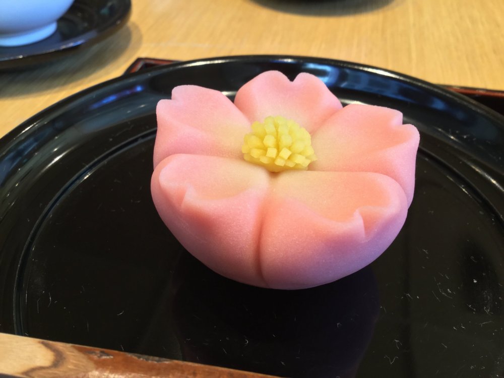 Hasil akhir kudapan manis yang berbentuk bunga sakura, terlalu cantik untuk dimakan