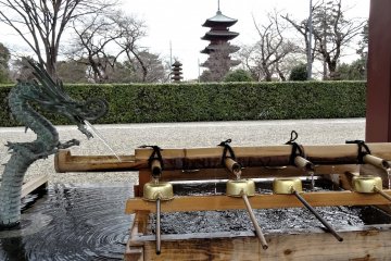 บ่อน้ำสำหรับให้ล้างมือทำความสะอาดก่อนเข้าวัด กับเจดีย์ห้าชั้นที่เก่าแก่ที่สุดในโตเกียว 