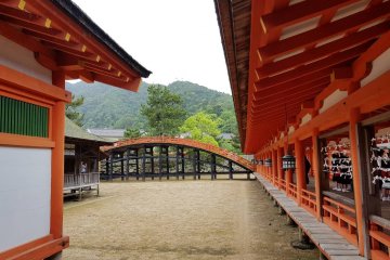 อาคารและสะพานสีแดงสดของศาลเจ้าอิซึตคุชิมะ 