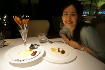 <p>Our special anniversary dessert, compliments of the chef</p>