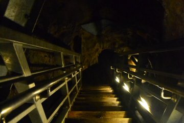 High and steep stairs that lead into the roof of the cave on the journey back to the surface.