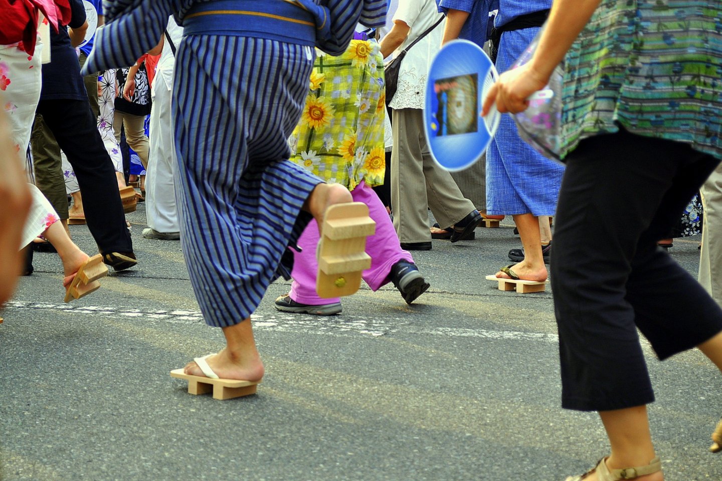 Participants wear traditional geta to add sound to their dancing; at this particular event, geta were sold on site