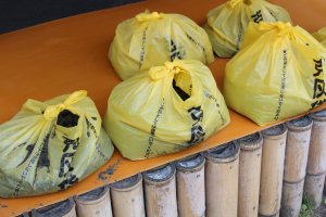 Bags of volcanic ash can be seen around Kagoshima City. The ash is collected and deposited at designated Residential Ash Collection Spots.