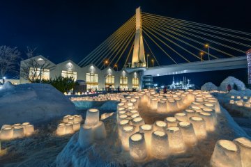 Snow and ice lanterns shaped like a heart at the Aomori Port Winter Festival 