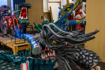Work-in-progress dragon floats at the Hachinohe Hacchi Portal