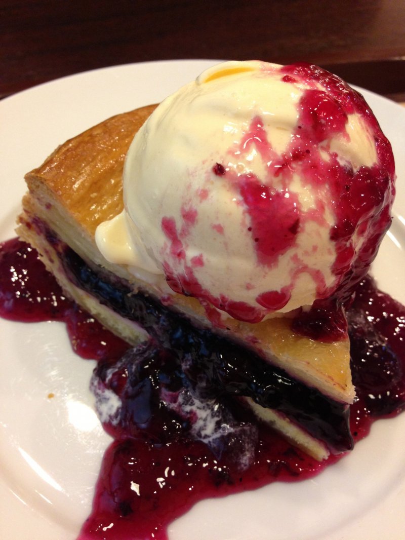 Blueberry cheesecake pie a la mode is the perfect ending to a delicious meal.