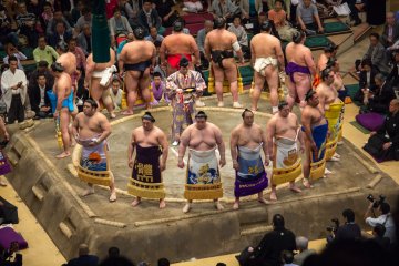 Wrestlers wearing kesho-mawashi on the dohyo ring