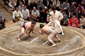 The tachiai opening to a sumo bout