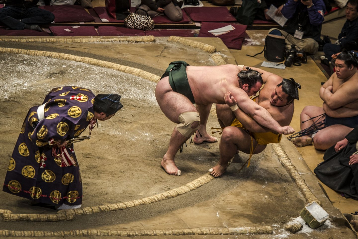 Sumo wrestlers in action