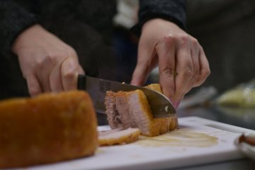 Cutting the Chashu pork