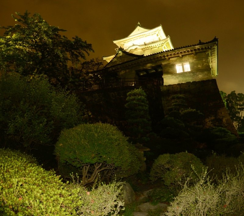 Odawara castle at night. The castle is lit up all night, but yet the area can be a little spooky!