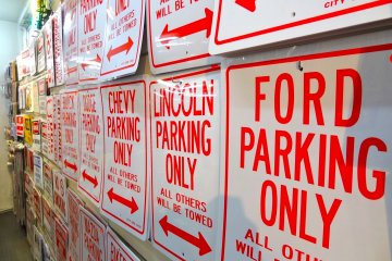 Garage parking signs for sale at the Mooneyes Area-1 shop, 2F