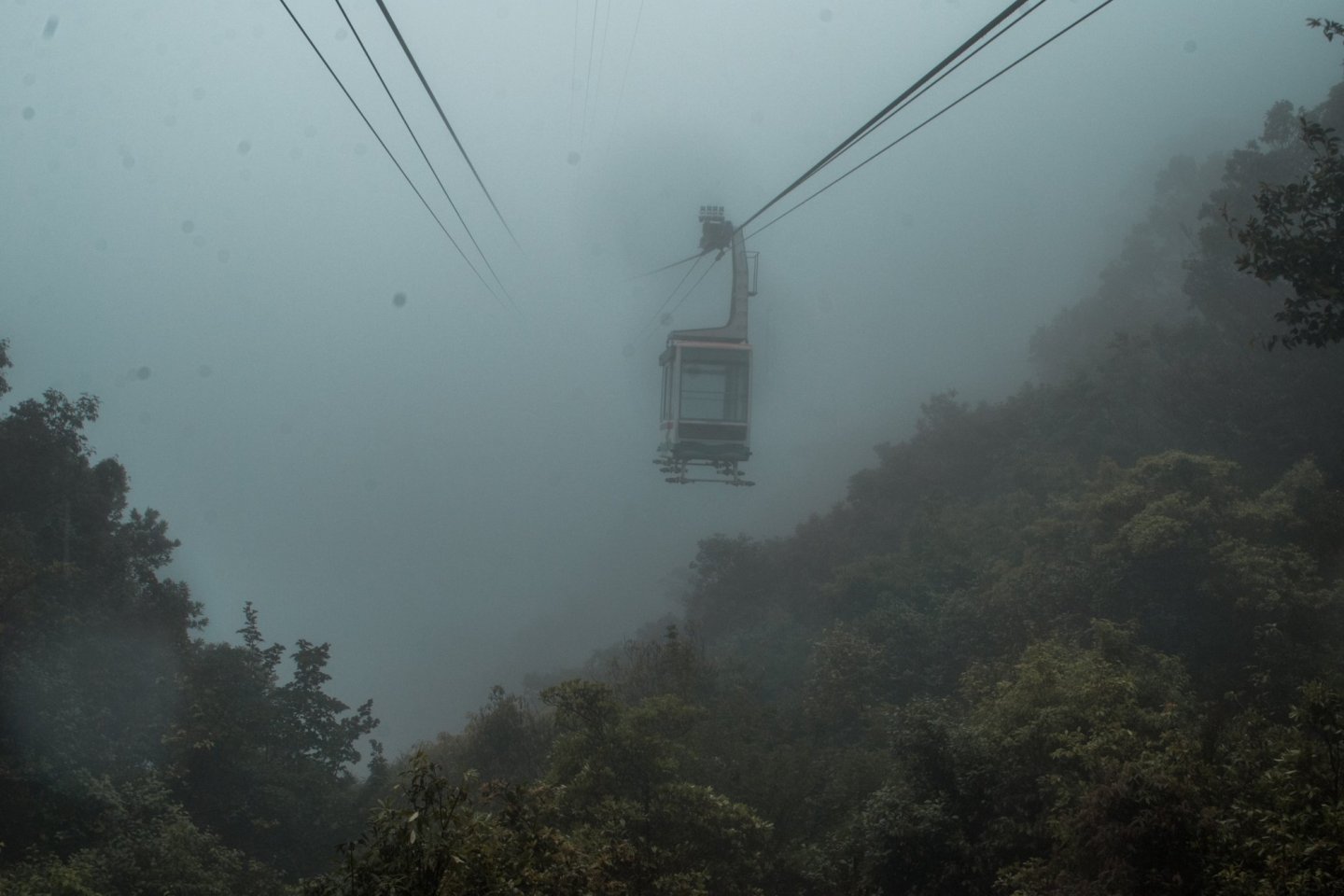 Dense fog at the top of the Mount Misen