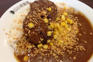 Hamburger Curry with garlic bits and corn added as toppings
