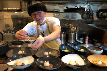 The restaurant owner and chef, Mr. Mikio Sugata, in action.