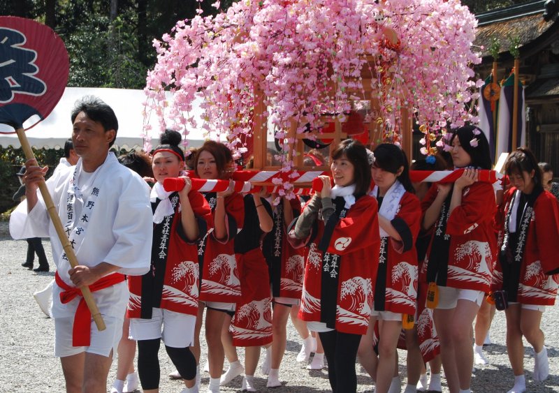 Mikoshi carried by young women during the Kumano Hongu shrine spring festival in April each year. 