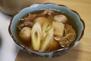 Imoni stew with onions, beef and a warm soy-sauce broth
