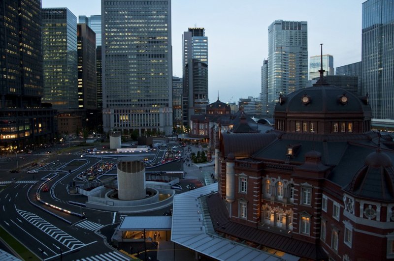 View of Tokyo station and surroundings during the evening twilight
