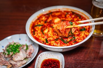 A bowl of spicy karamen at Sayaka; the owner’s parents invented this popular dish in 1991