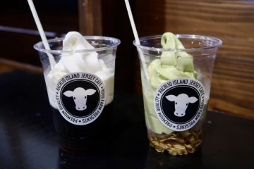 Jersey milk soft serve over coffee jelly (left) and ashitaba soft serve (right)