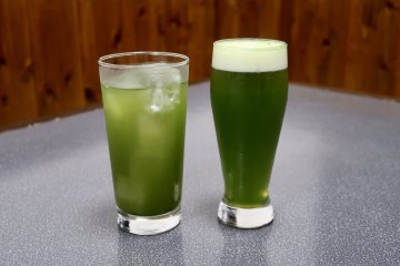 Ashitaba tea (left) and ashitaba beer (right)