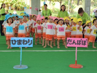 Bọn trẻ được chia thành các nhóm theo độ tuổi và được chỉ định bằng màu sắc với tên nhóm khác nhau, ở đây các himawari (hoa hướng dương) xếp hàng bên cạnh tanpopo (bồ công anh)