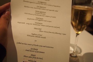 The full 10 course meal starts from Stuzzicchino, has three appetizers, two pasta courses, a main dish and two dessert courses. Wine is also included.