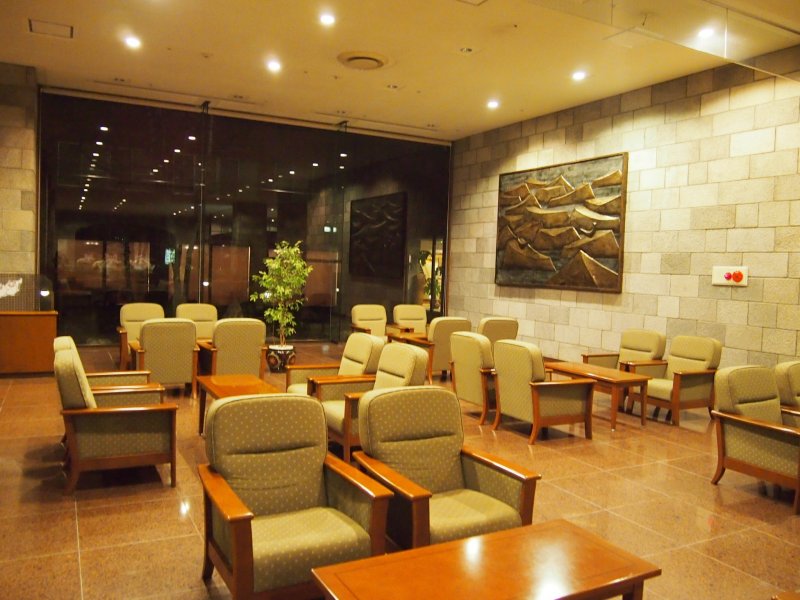 The spacious lobby of Tokachi Makubetsu Onsen Grandvrio Hotel.