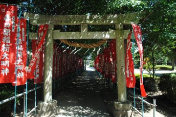 The shrine approach, banners shining brightly